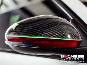 Alfa Romeo Giulia Mirror Covers - Carbon Fiber - Full Replacements - Red Stripe w/ QV Logo
